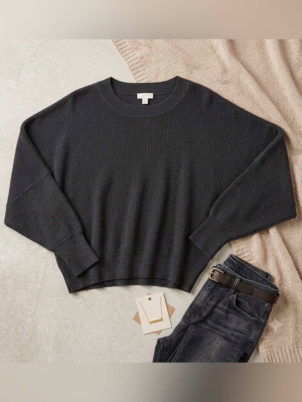 Leith Charcoal Scoop Neck Dolman Knit Sweater Size L